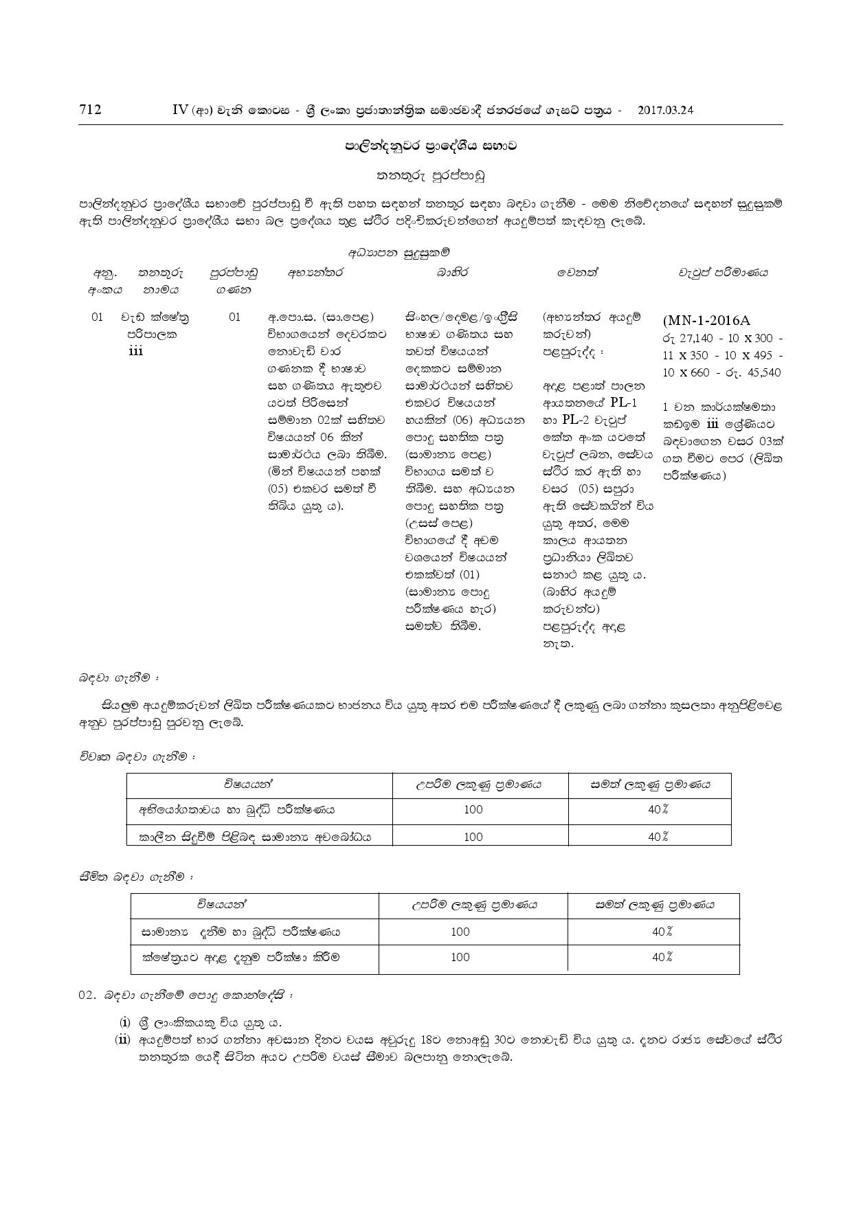 Work Field Inspector - Palindanuwara Pradeshiya Sabha